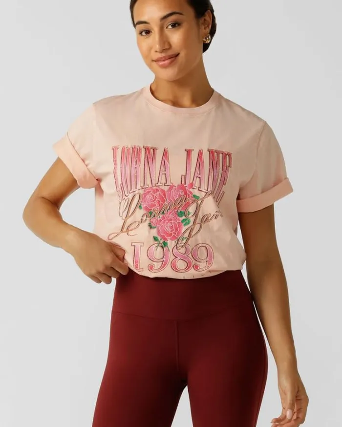 Women LORNA JANE Tops Vintage Rose Relaxed Tee Washed Sunkissed Peach