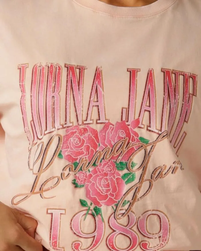 Women LORNA JANE Tops Vintage Rose Relaxed Tee Washed Sunkissed Peach