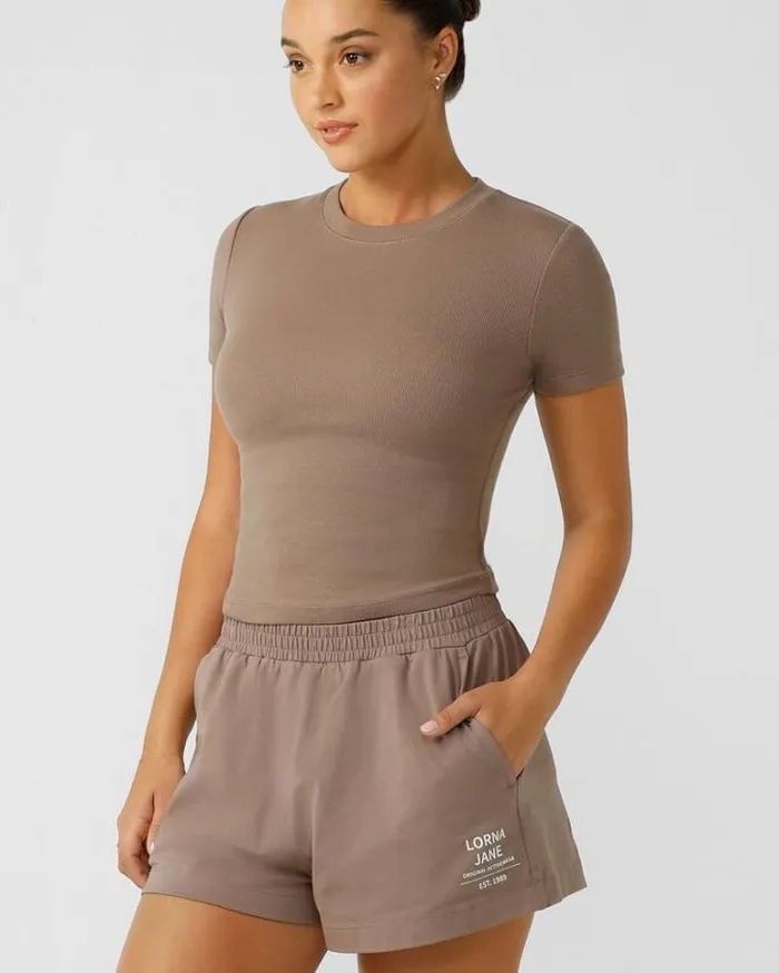 Women LORNA JANE Tops Weekender Rib Short Sleeve Top Bone