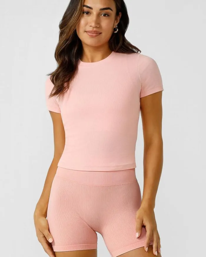 Women LORNA JANE Tops Weekender Rib Short Sleeve Top Peach