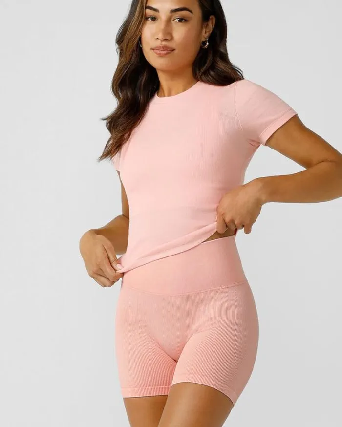 Women LORNA JANE Tops Weekender Rib Short Sleeve Top Peach