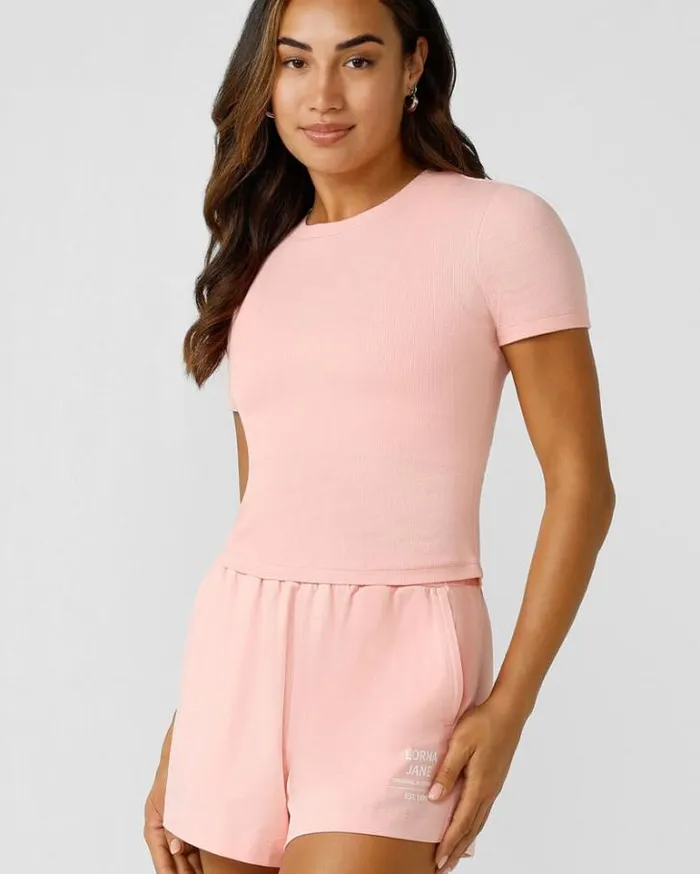 Women LORNA JANE Tops Weekender Rib Short Sleeve Top Peach