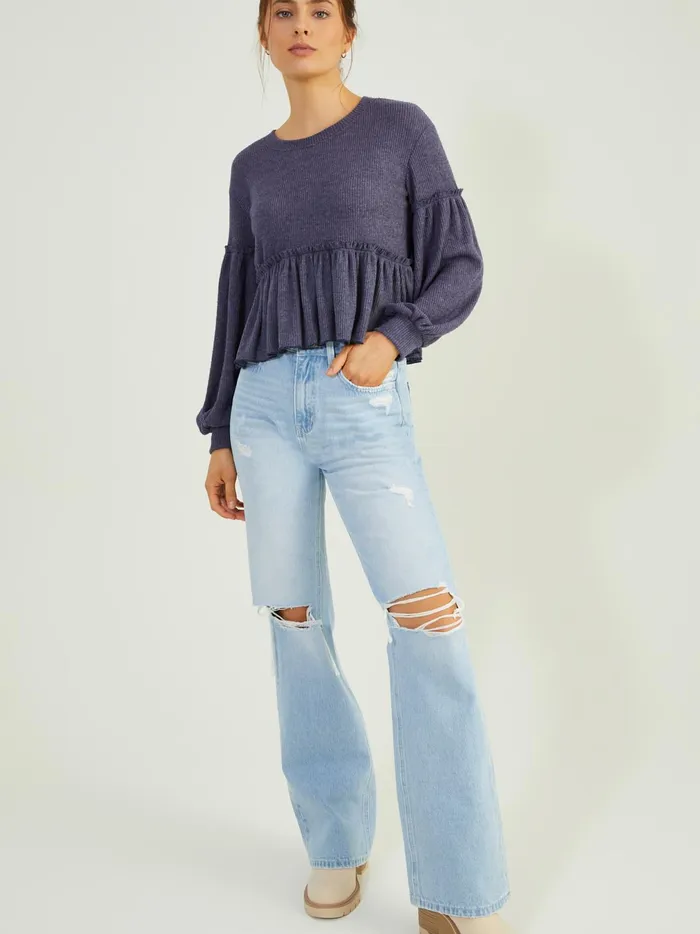 Women Mabel Ribbed Babydoll Top Navy Altar039d State Blouses