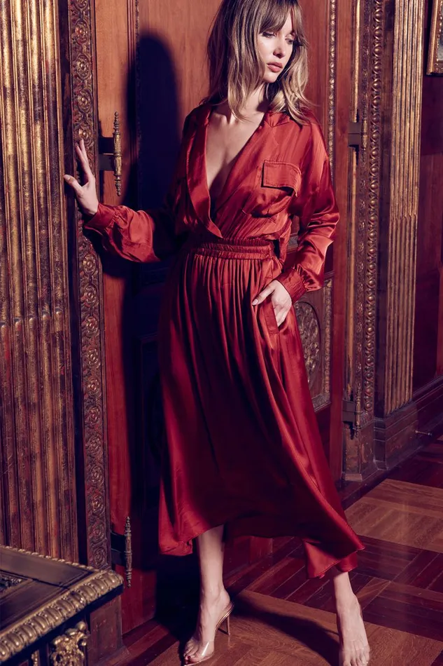 Women MISA Los Angeles Dresses BLAIR DRESS Burnt Orange Satin