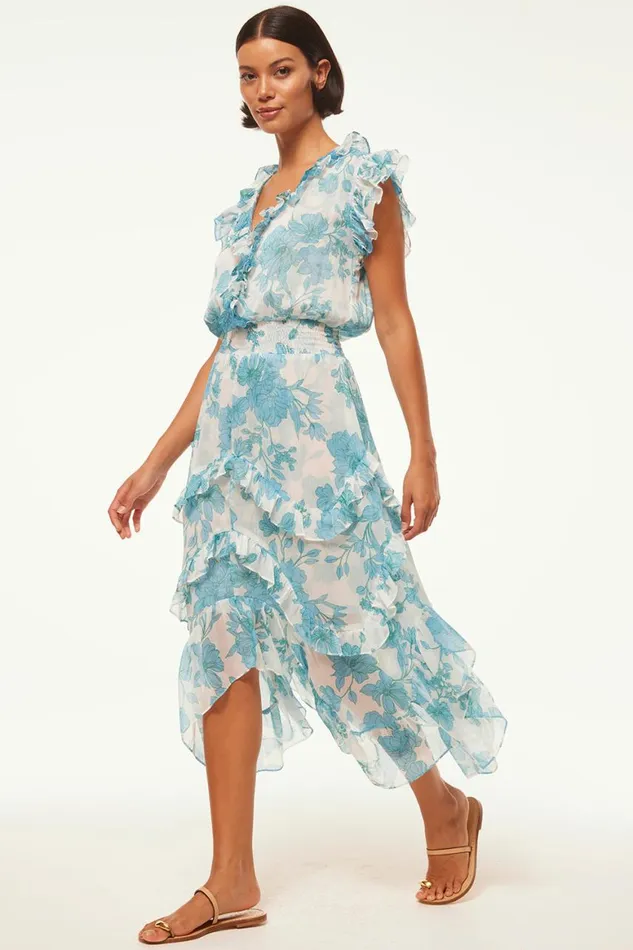 Women MISA Los Angeles Dresses DAKOTA DRESS Turquoise Flora Chiffon