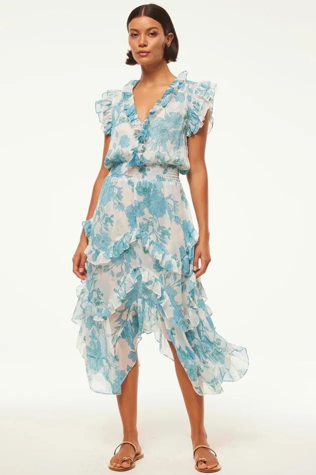 Women MISA Los Angeles Dresses DAKOTA DRESS Turquoise Flora Chiffon