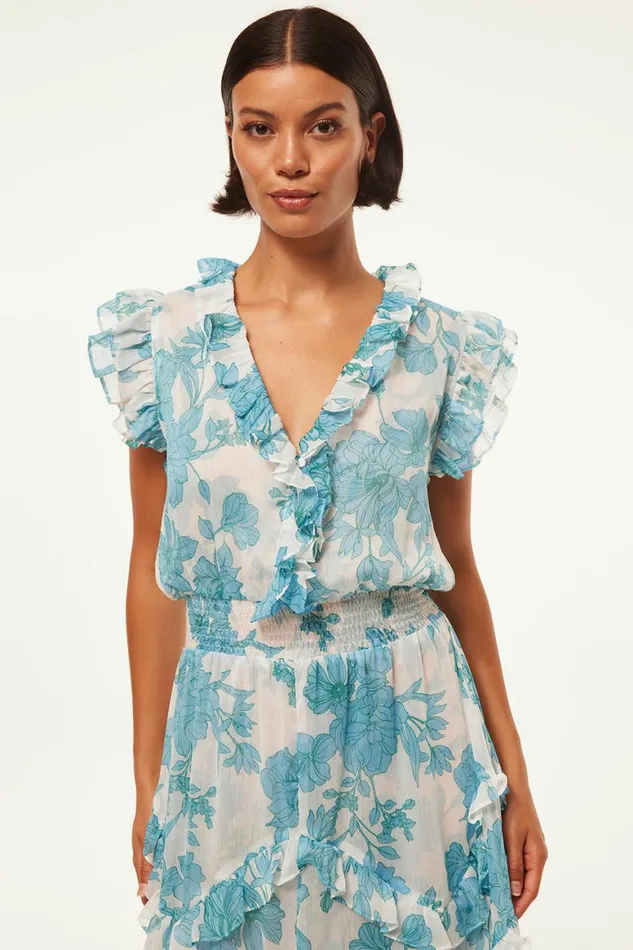 Women MISA Los Angeles Dresses DAKOTA DRESS Turquoise Flora Chiffon
