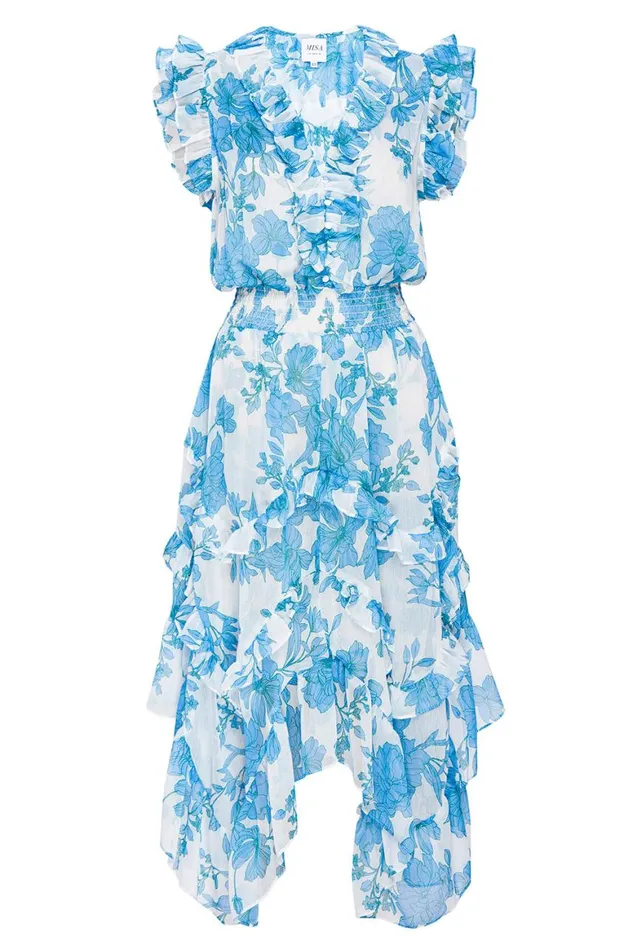 Women MISA Los Angeles Dresses DAKOTA DRESS Turquoise Flora Chiffon