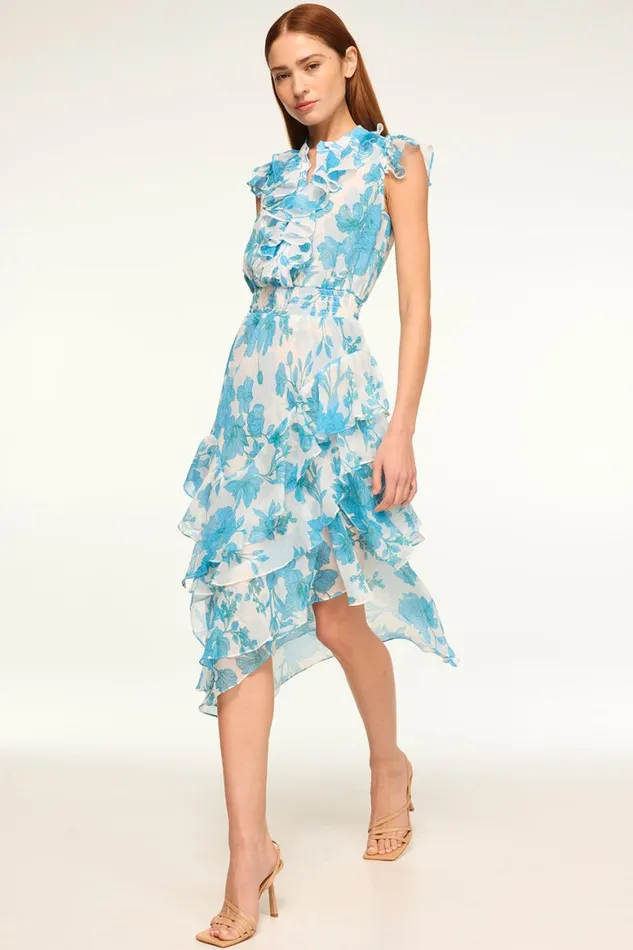Women MISA Los Angeles Dresses ILYSA DRESS Turquoise Flora Chiffon