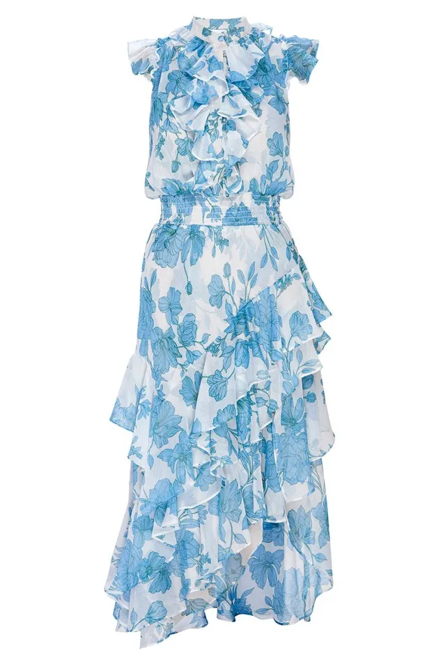 Women MISA Los Angeles Dresses ILYSA DRESS Turquoise Flora Chiffon
