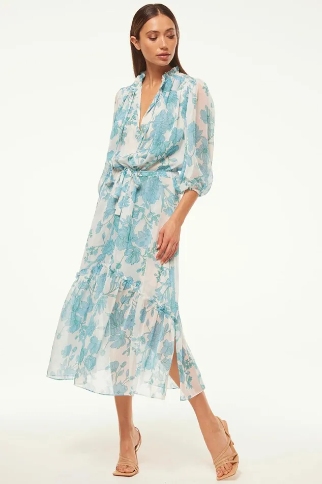 Women MISA Los Angeles Dresses OLIVIA DRESS Turquoise Flora Chiffon