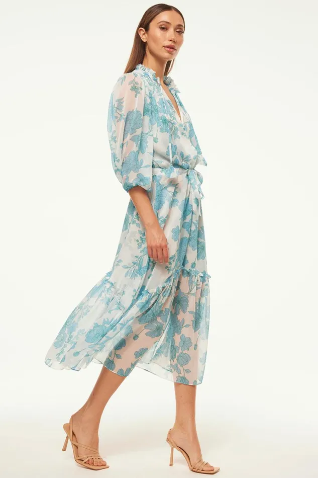 Women MISA Los Angeles Dresses OLIVIA DRESS Turquoise Flora Chiffon