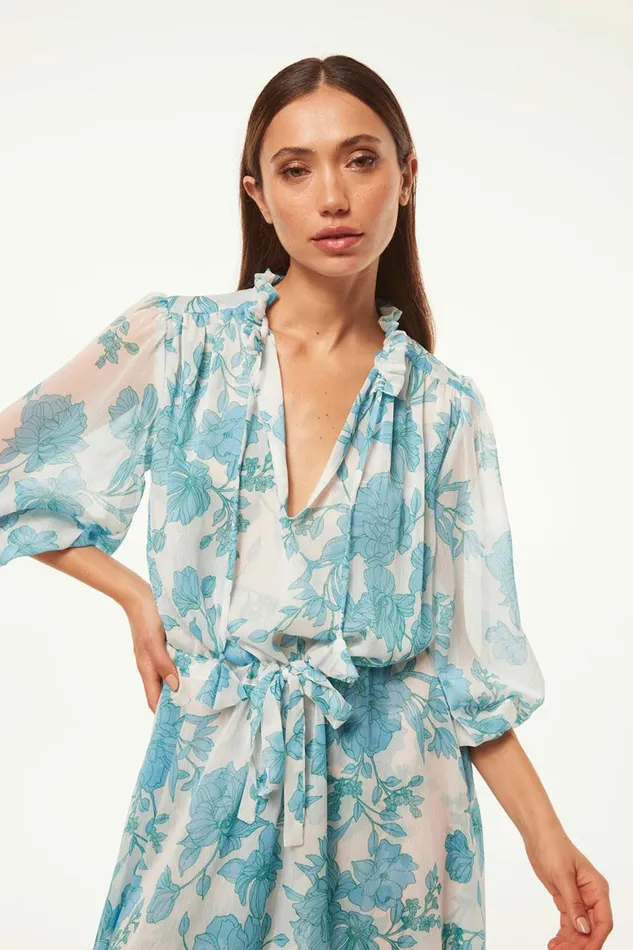 Women MISA Los Angeles Dresses OLIVIA DRESS Turquoise Flora Chiffon