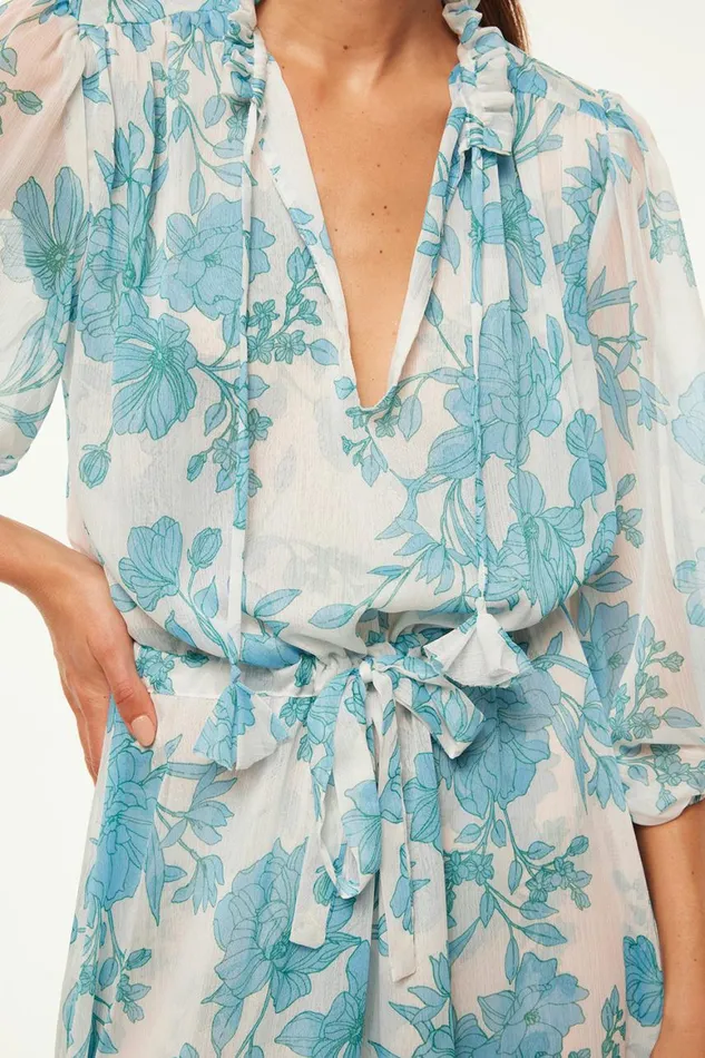 Women MISA Los Angeles Dresses OLIVIA DRESS Turquoise Flora Chiffon
