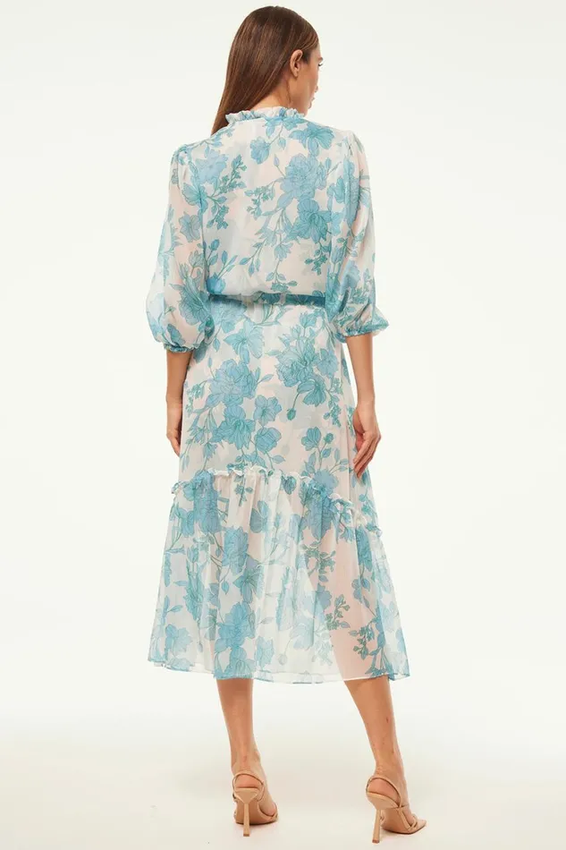 Women MISA Los Angeles Dresses OLIVIA DRESS Turquoise Flora Chiffon