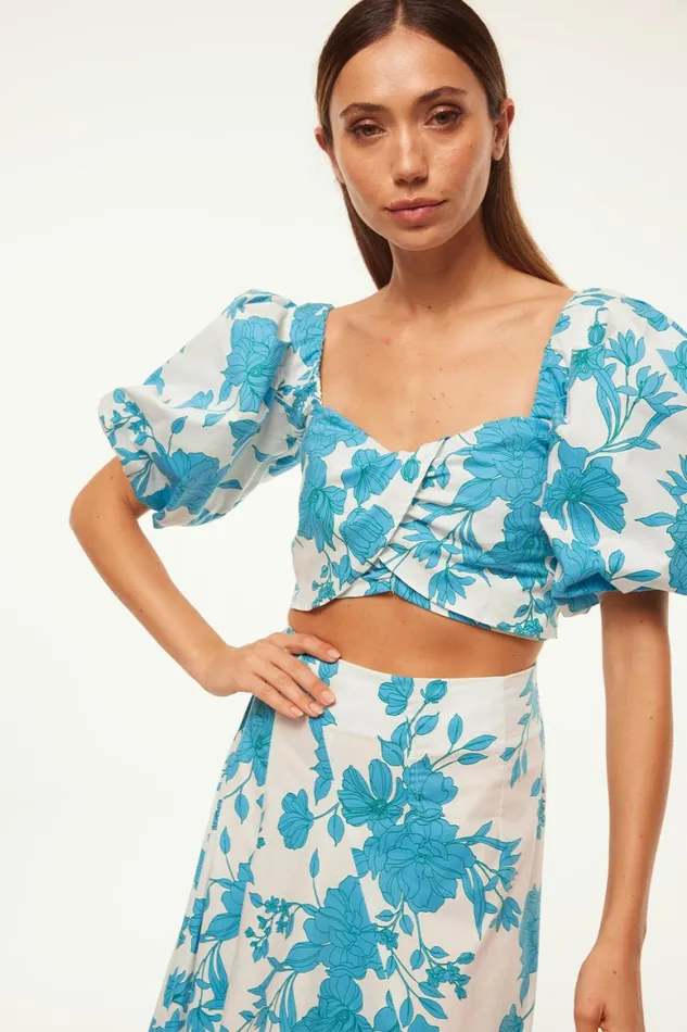 Women MISA Los Angeles Tops RORI TOP Turquoise Flora Poplin