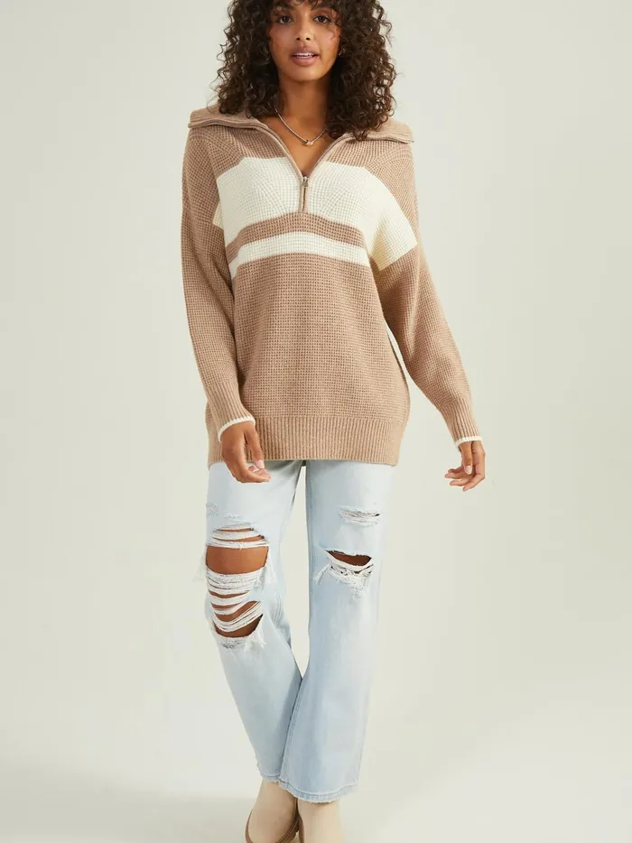 Women Noelle Striped Quarter Zip Sweater Taupe Altar039d State Sweaters