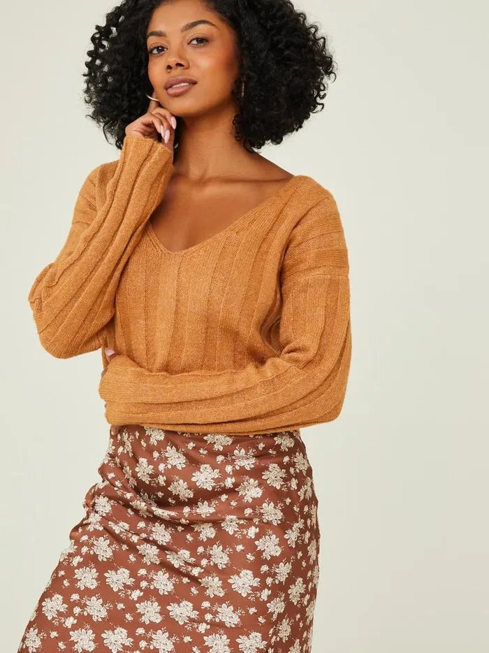 Women Oaklynn Ribbed VNeck Sweater Camel Altar039d State Sweaters