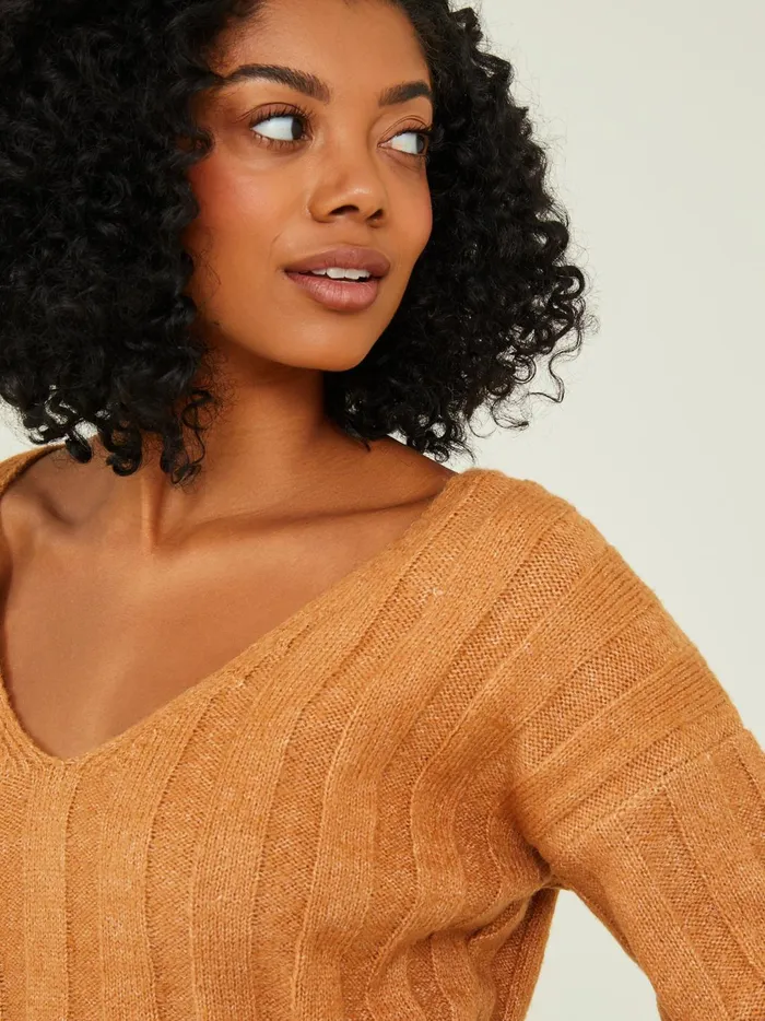 Women Oaklynn Ribbed VNeck Sweater Camel Altar039d State Sweaters