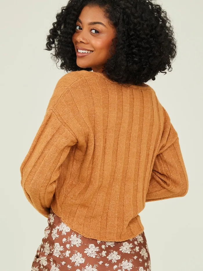 Women Oaklynn Ribbed VNeck Sweater Camel Altar039d State Sweaters