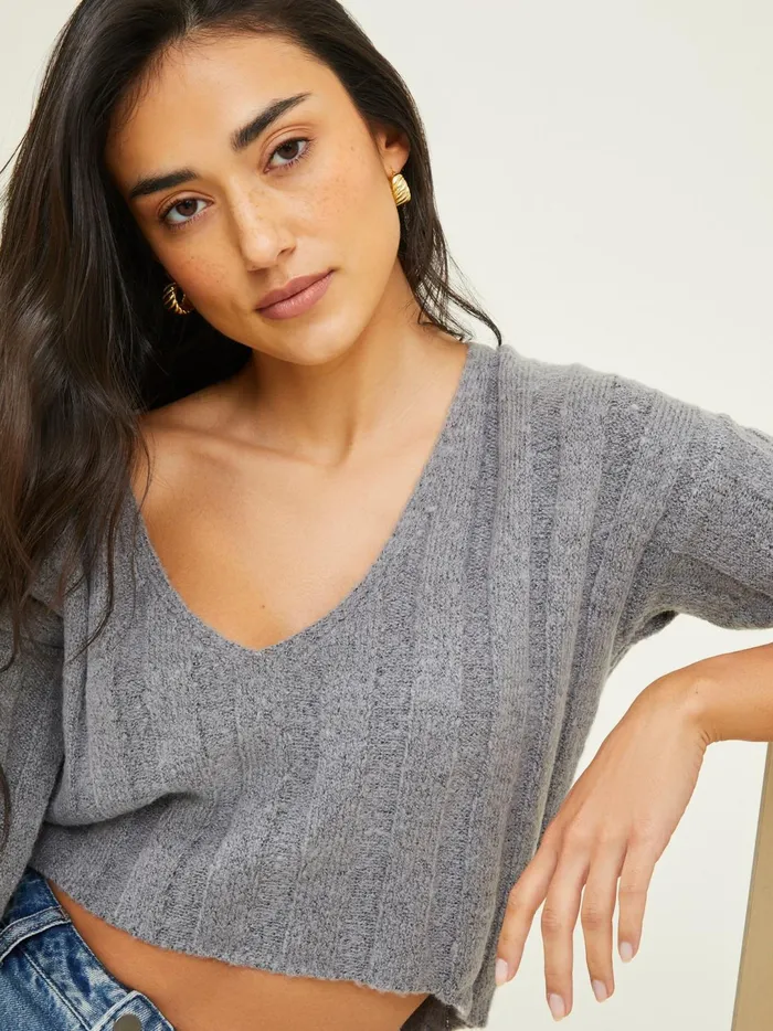 Women Oaklynn Ribbed VNeck Sweater Heathergrey Altar039d State Sweaters