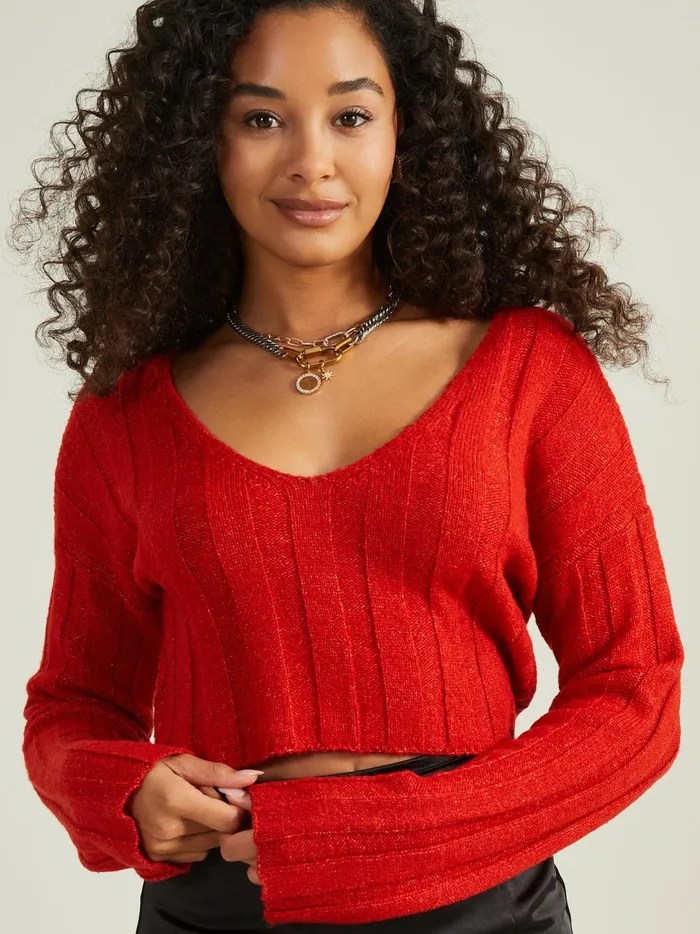 Women Oaklynn Ribbed VNeck Sweater Red Altar039d State Sweaters