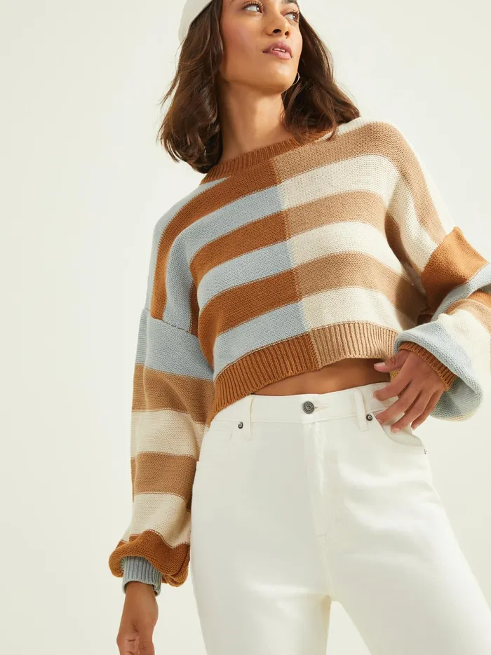 Women Sarah Split Striped Sweater Brownblue Altar039d State Cropped Sweaters