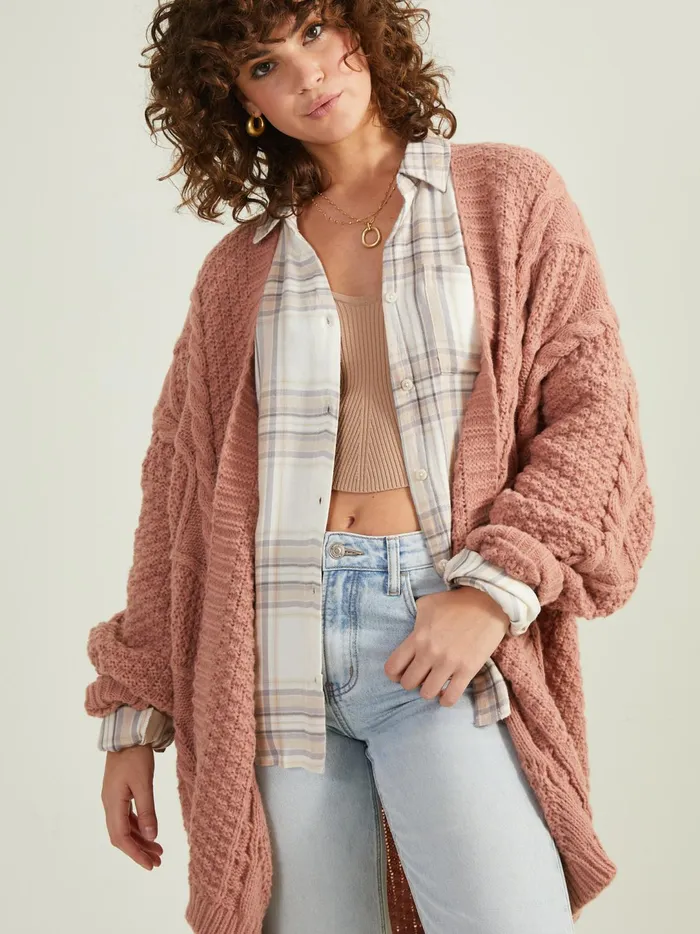 Women Serenity Cable Knit Oversized Cardigan Mauve Altar039d State Sweaters