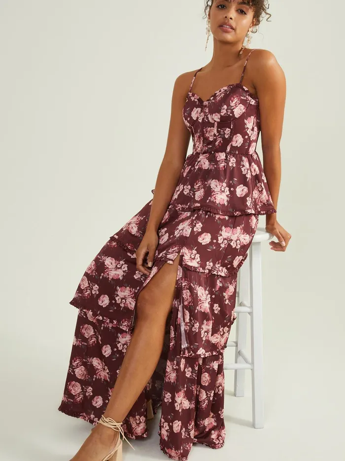 Women Stellni Floral Satin Maxi Dress Wine Altar039d State Maxi Midi
